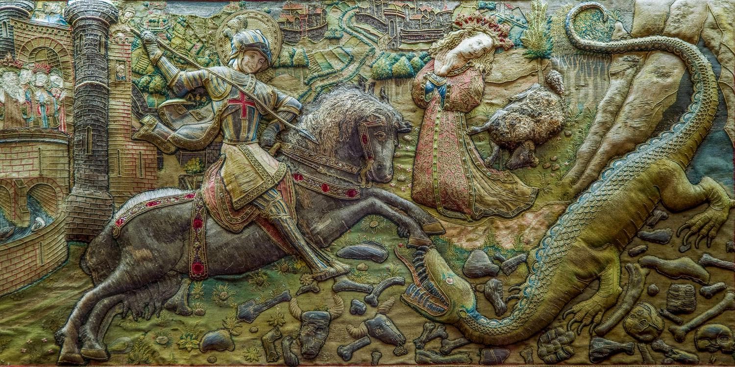 Medieval artwork showing a knight fighting a dragon-like creature